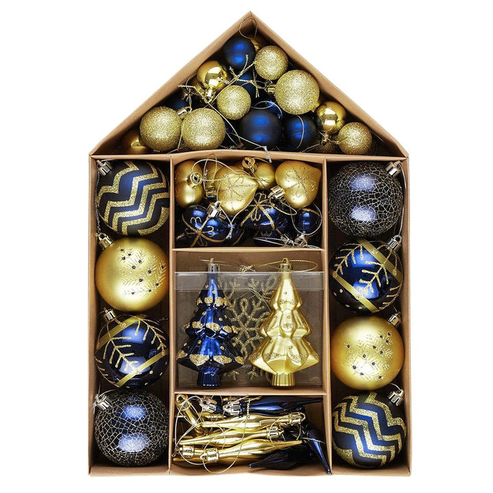Glam and Glittered Gold and Blue Elegant Christmas Ornament Set, 70 Assorted Balls, Trees, Snowflakes, and Royal Heart Pendants Ornament Bundle OrnamentallyYou