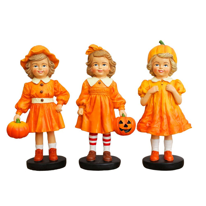 Inviting Pumpkin Girl Trio Set of Figurines, 6" Victorian Autumn Fall and Halloween Table Decoration Resin Statues OrnamentallyYou