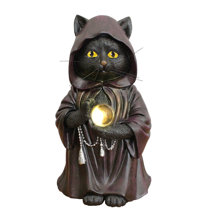 Ominous Black Cat Wizard Figurine, 7" Solar Light Gothic Yard Statue Decor Resin Statues OrnamentallyYou
