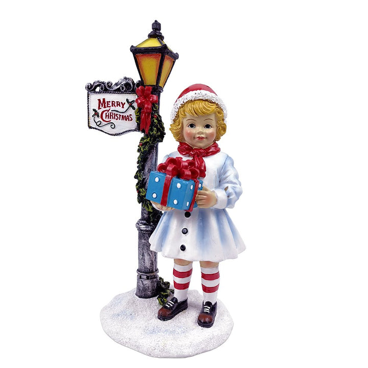 Victorian Style Christmas Girl and Street Lamp Tabletop Figurine, 8" Vintage Holiday Statue of a Gift Carrying Belle Resin Statues OrnamentallyYou