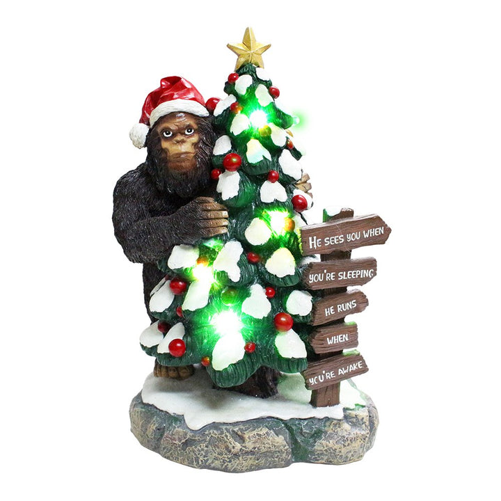 Whimsical Bigfoot Behind Christmas Tree Figurine, 7.5" Funny Holiday Yeti LED Statue, He Sees You When You're Sleeping Resin Statues OrnamentallyYou