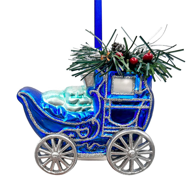 A Marvelous Blue Christmas Set of Four Glass Ornaments with Santa, Truck, Snow Cabin and Sleigh Ornament Bundle OrnamentallyYou