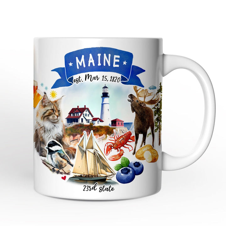 Artistic Maine State Themes and Landmarks Personalized Mug With Custom Name Personalized Ceramic Mug OrnamentallyYou