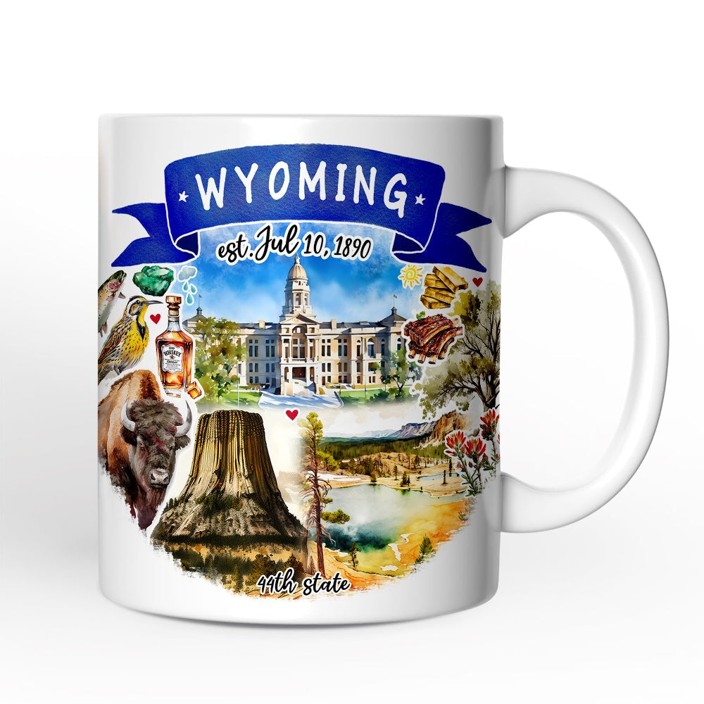 Artistic Wyoming State Themes and Landmarks Personalized Mug With Custom Name Personalized Ceramic Mug OrnamentallyYou 12oz Mug Non-Custom