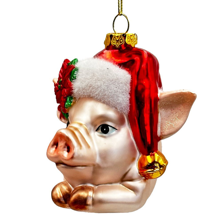 Charming Pig with Santa Hat Glass Christmas Ornament, Cute Farmhouse Tree Decor Glass Ornament OrnamentallyYou