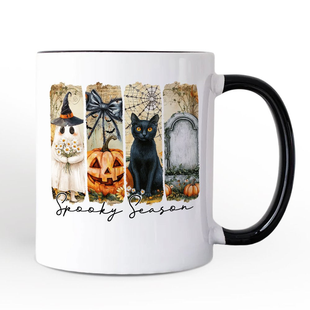 Fall Spooky Season Brushstroke Personalized Mug, Coquette Vintage Ghost, Cat and Pumpkin Gift with Custom Name Personalized Ceramic Mug OrnamentallyYou Black Non-Custom