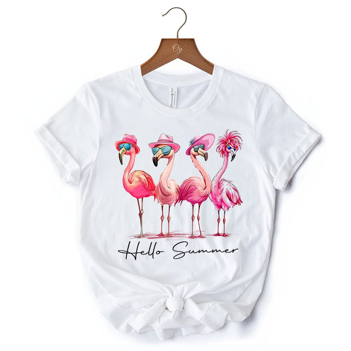 Flamingo Hello Summer T-Shirt, White and Natural Retro Tee with Tropical Birds T-Shirts OrnamentallyYou