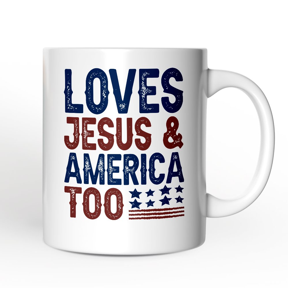 Loves Jesus and America Too Personalized Mug, Patriotic Gift for Proud Americans with Custom Name Personalized Ceramic Mug OrnamentallyYou 12oz Mug Non-Custom