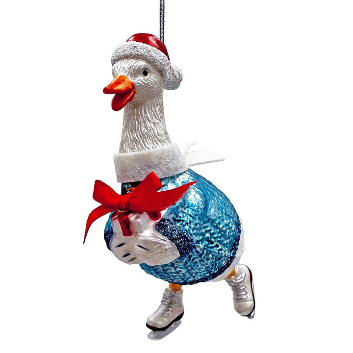 Playful Goose in Skates Glass Christmas Ornament, Whimsical Cute Duck Tree Decor Glass Ornament OrnamentallyYou
