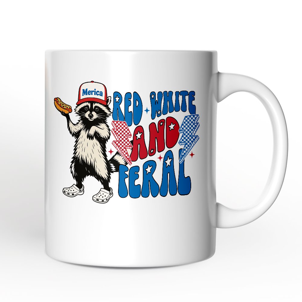 Red, White & Feral Raccoon Personalized Mug, Wild Patriot American Gift with Custom Name Personalized Ceramic Mug OrnamentallyYou 12oz Mug Non-Custom