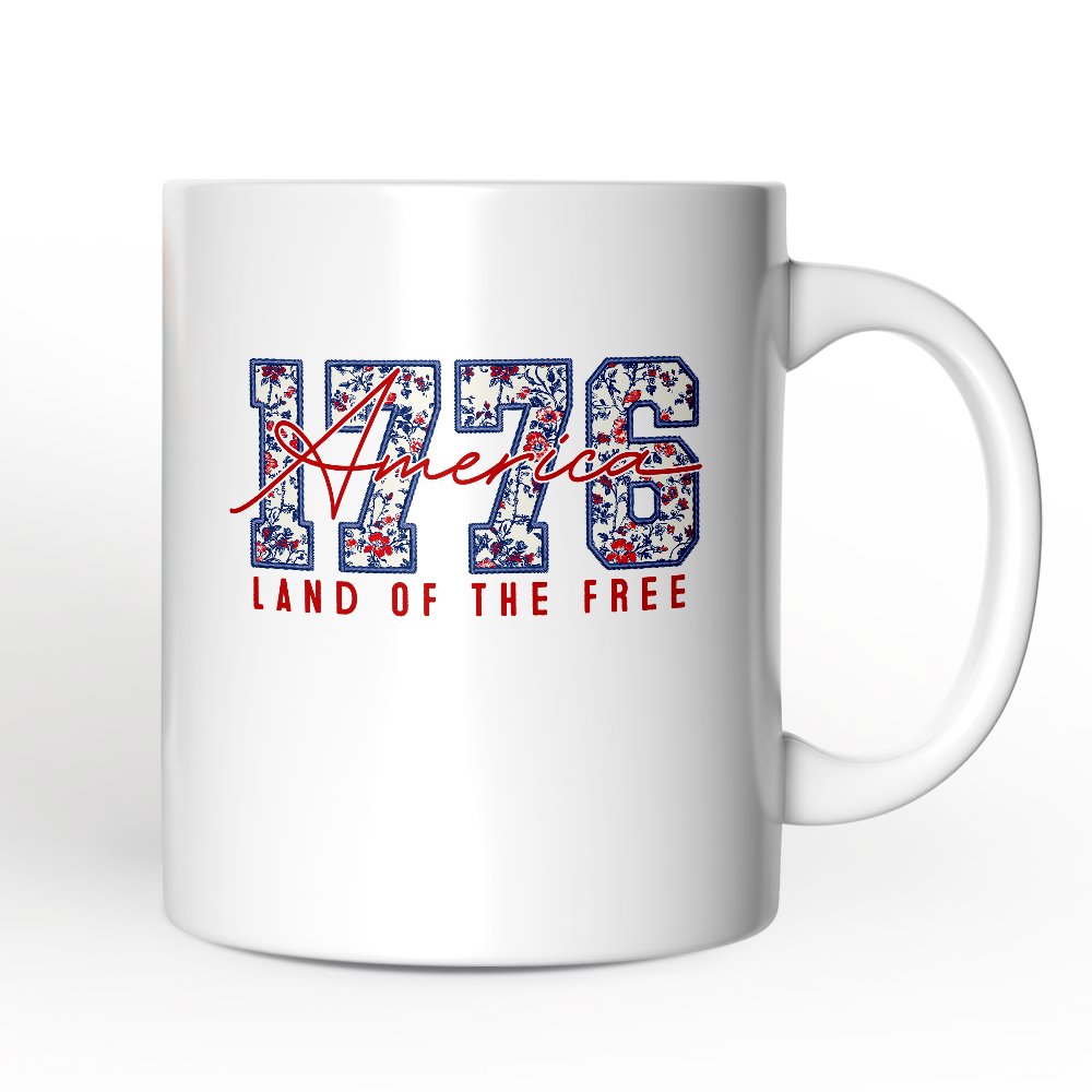 Retro America 1776 Floral Personalized Mug, Land of the Free Patriotic Gift with Custom Name Personalized Ceramic Mug OrnamentallyYou 12oz Mug Non-Custom