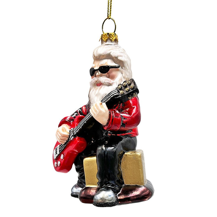 Rock Guitarist Santa Claus Glass Christmas Ornament, Rocker Musician Gift Glass Ornament OrnamentallyYou