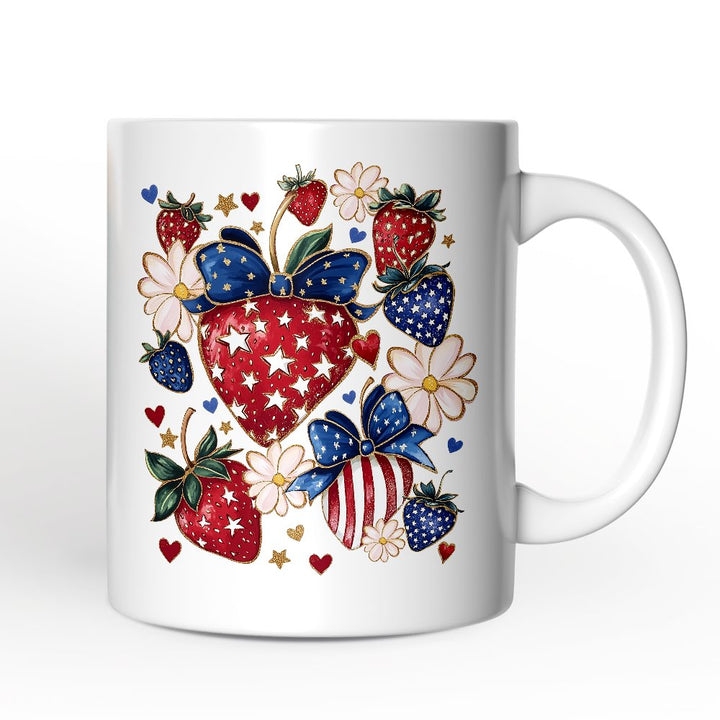 Patriotic Boho Strawberries Bouquet Personalized Mug, 4th of July Gift with Custom Name Personalized Ceramic Mug OrnamentallyYou Non-Custom