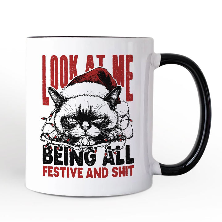 Grumpy Christmas Cat Personalized Mug, Funny Santa Hat Holiday Lights Gift for Sarcastic Festive People with Custom Name Personalized Ceramic Mug OrnamentallyYou White - Black Non-Custom