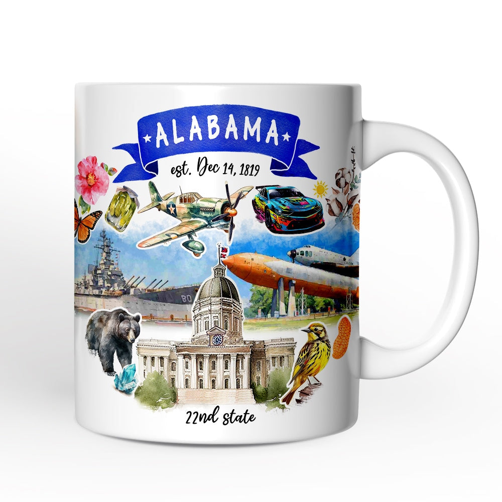 Artistic Alabama State Themes and Landmarks Personalized Mug With Custom Name Personalized Ceramic Mug OrnamentallyYou 12oz Mug Non-Custom