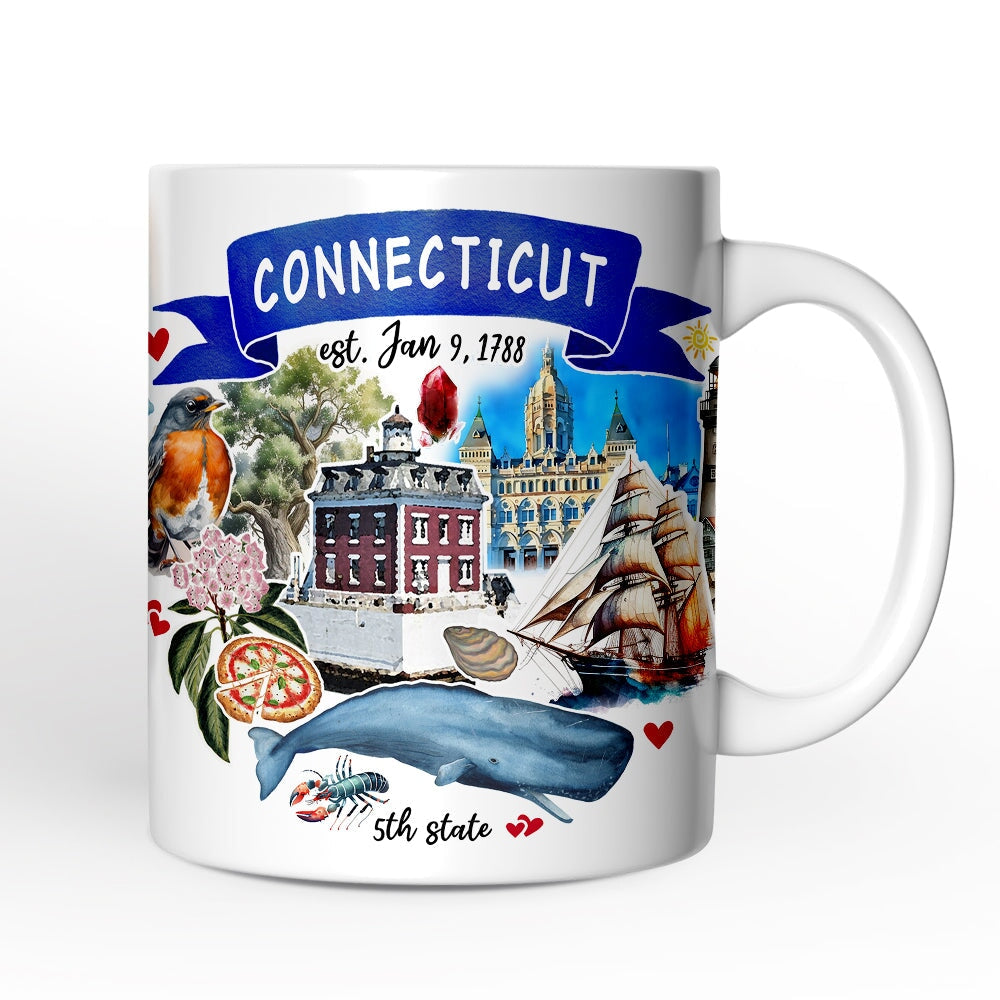 Artistic Connecticut State Themes and Landmarks Personalized Mug With Custom Name Personalized Ceramic Mug OrnamentallyYou 12oz Mug Non-Custom