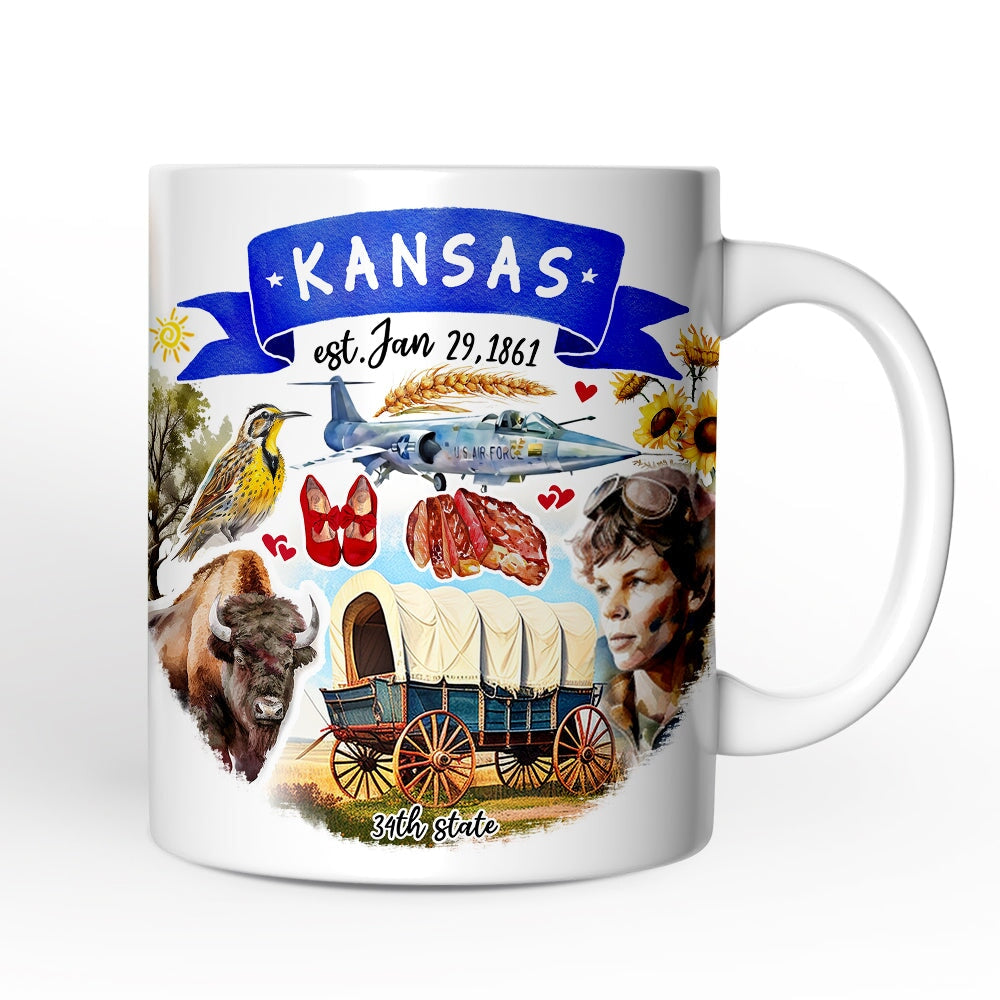 Artistic Kansas State Themes and Landmarks Personalized Mug With Custom Name Personalized Ceramic Mug OrnamentallyYou 12oz Mug Non-Custom