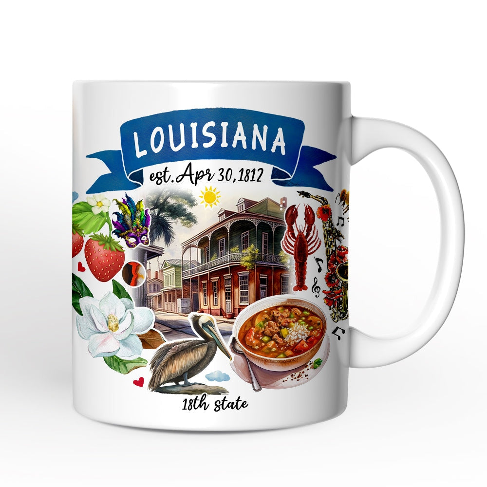 Artistic Louisiana State Themes and Landmarks Personalized Mug With Custom Name Personalized Ceramic Mug OrnamentallyYou