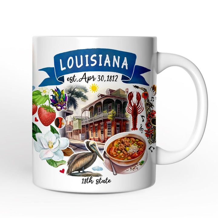 Artistic Louisiana State Themes and Landmarks Personalized Mug With Custom Name Personalized Ceramic Mug OrnamentallyYou