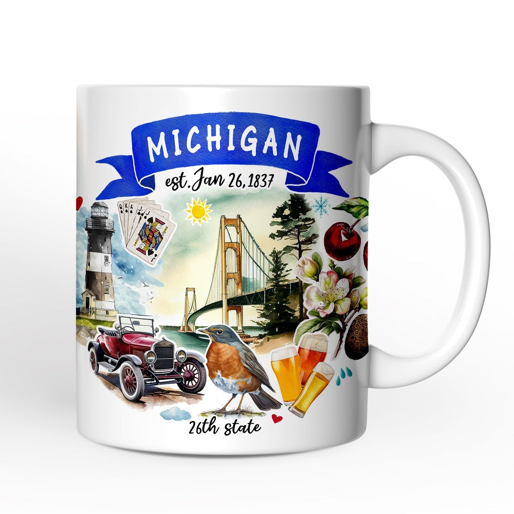 Artistic Michigan State Themes and Landmarks Personalized Mug With Custom Name Personalized Ceramic Mug OrnamentallyYou 12oz Mug Non-Custom