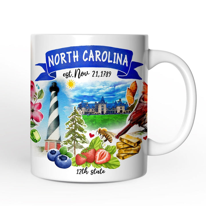 Artistic North Carolina State Themes and Landmarks Personalized Mug With Custom Name Personalized Ceramic Mug OrnamentallyYou 12oz Mug Non-Custom