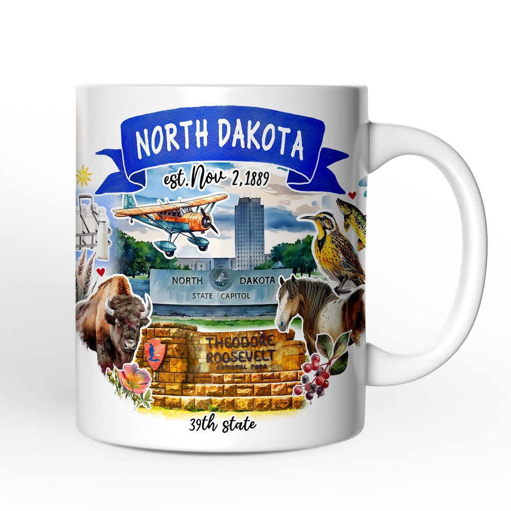 Artistic North Dakota State Themes and Landmarks Personalized Mug With Custom Name Personalized Ceramic Mug OrnamentallyYou 12oz Mug Non-Custom