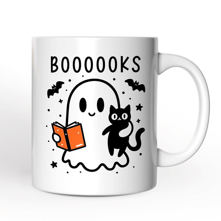 Boooooks and Purrs, Personalized Halloween Mug, Cute Books and Cats Lover Ghost Gift with Custom Name Personalized Ceramic Mug OrnamentallyYou