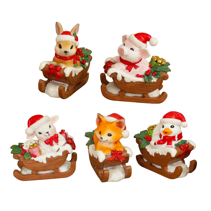 Christmas Critters Animals on Sleighs Set of Five Figurines, 5" Tabletop Holiday Animal Decor with Bunny, Piglet, Duckling, Lamb, and Fox Resin Statues OrnamentallyYou