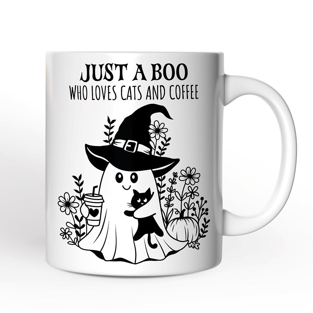 Cute Ghost with Black Cat Personalized Mug, Cat and Coffee Lover Halloween Gift Personalized Ceramic Mug OrnamentallyYou 12oz Mug Non-Custom