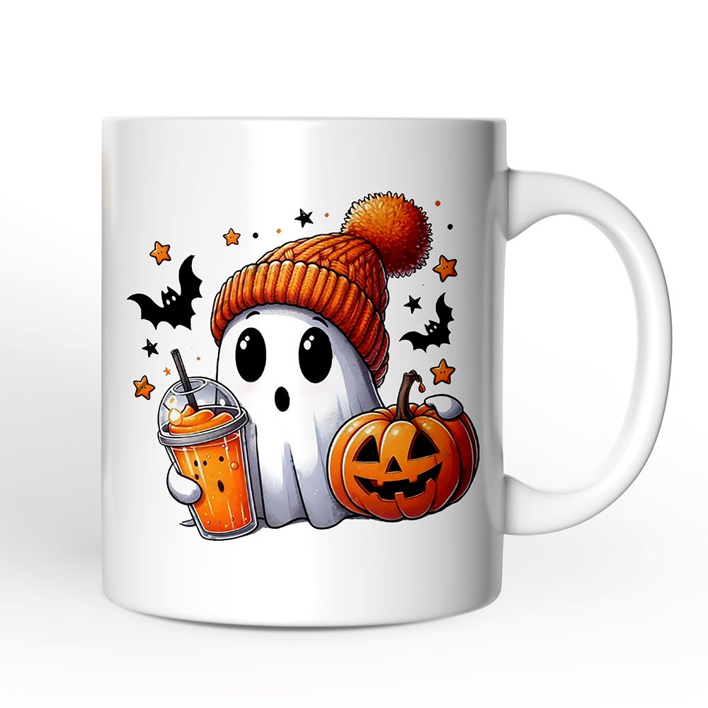 Cute Ghost with Coffee Drink, Personalized Halloween Mug, Fun Boujee Gift with Custom Name Personalized Ceramic Mug OrnamentallyYou