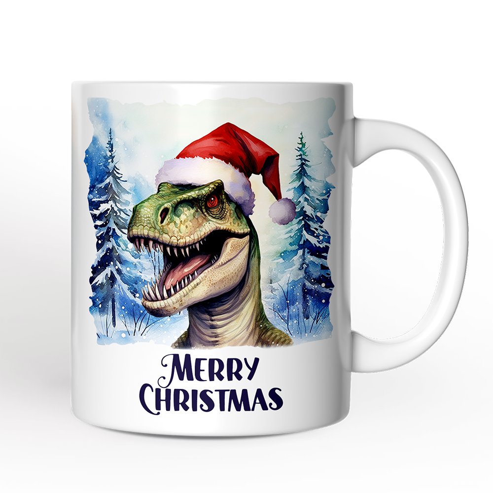 Dinosaur with Santa Hat Personalized Mug, Winter Forest Christmas Gift With Custom Name and Date Personalized Ceramic Mug OrnamentallyYou 12oz Mug Non-Custom