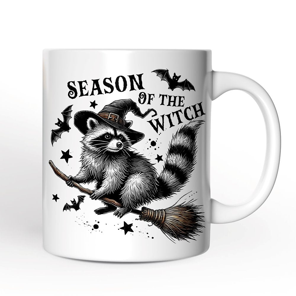 Funny Racoon Witch with Broom Personalized Mug, Vintage Halloween Gift with Custom Name Personalized Ceramic Mug OrnamentallyYou