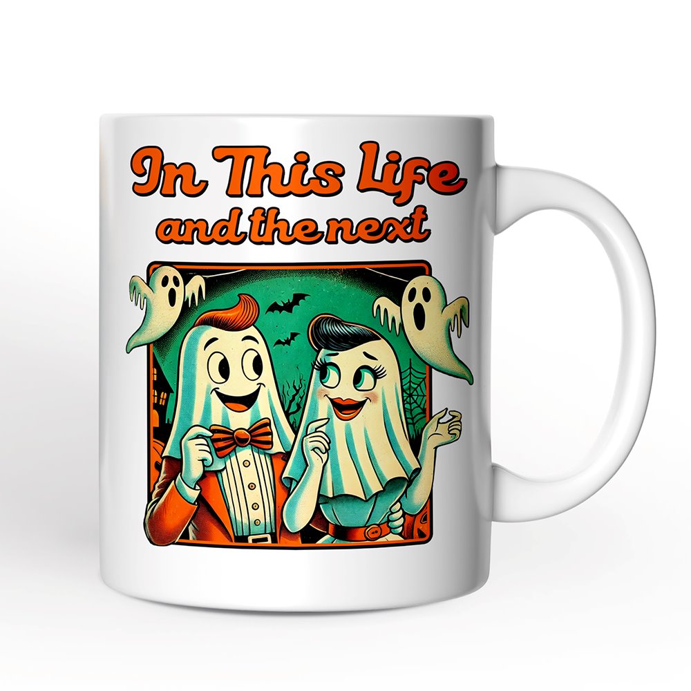 Retro Ghost Lovers Through Next Lives, Personalized Mug, Vintage Halloween Custom Gift for Couples Personalized Ceramic Mug OrnamentallyYou 12oz Mug Non-Custom