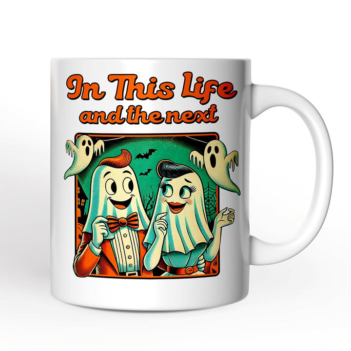 Retro Ghost Lovers Through Next Lives, Personalized Mug, Vintage Halloween Custom Gift for Couples Personalized Ceramic Mug OrnamentallyYou 12oz Mug Non-Custom