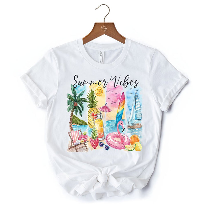 Summer Vibes T-Shirt, White and Natural Vacation Beach Tee T-Shirts OrnamentallyYou