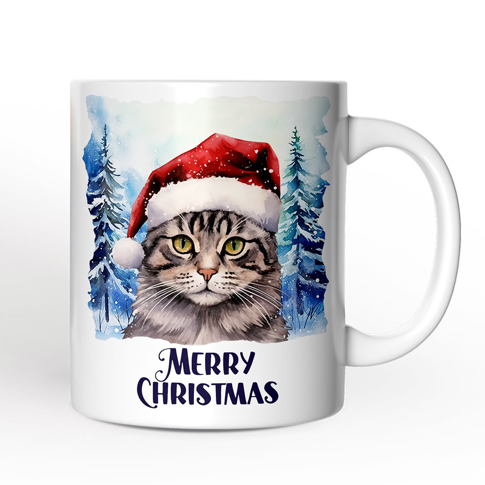 Tabby Cat with Santa Hat Personalized Mug, Winter Forest Christmas Gift With Custom Name and Date Personalized Ceramic Mug OrnamentallyYou 12oz Mug Non-Custom