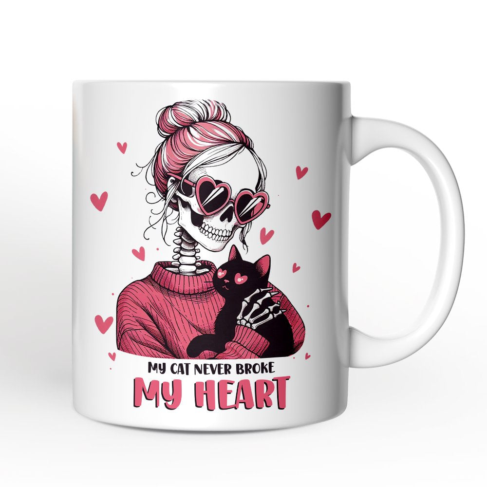 Valentine Day Girl Skeleton Personalized Mug, My Cat Never Broke My Heart Funny Gift With Custom Name Personalized Ceramic Mug OrnamentallyYou