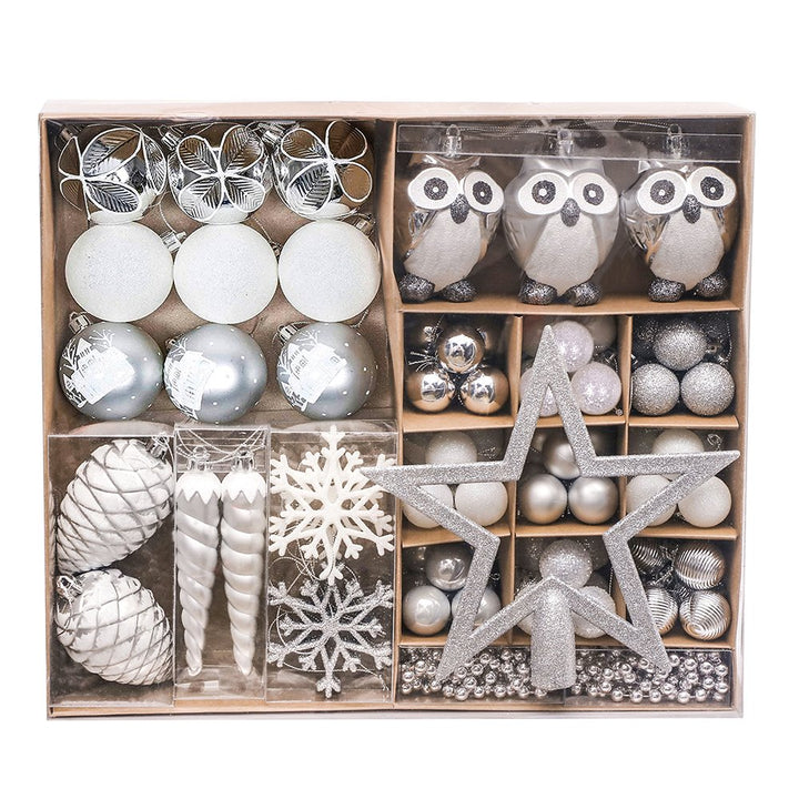 Winter Woodlands Large White and Silver Ornament Set of 90, Glittery Snow Owls, Cones, Snowflakes, and Stalactites Ornament Bundle OrnamentallyYou