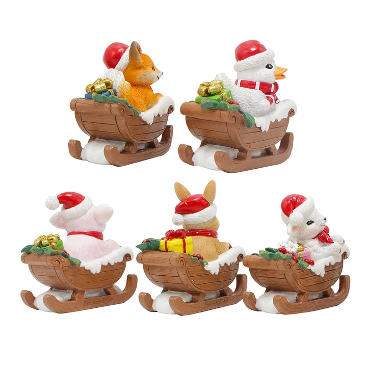 (Pre-Order) Christmas Critters Animals on Sleighs Set of Five Figurines, 5" Tabletop Holiday Animal Decor with Bunny, Piglet, Duckling, Lamb, and Fox Resin Statues OrnamentallyYou