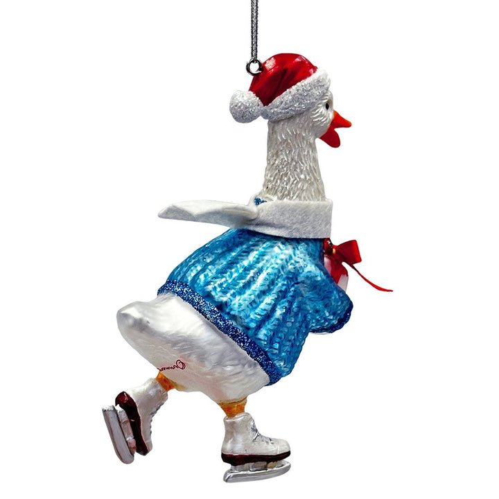 Playful Goose in Skates Glass Christmas Ornament, Whimsical Cute Duck Tree Decor Glass Ornament OrnamentallyYou