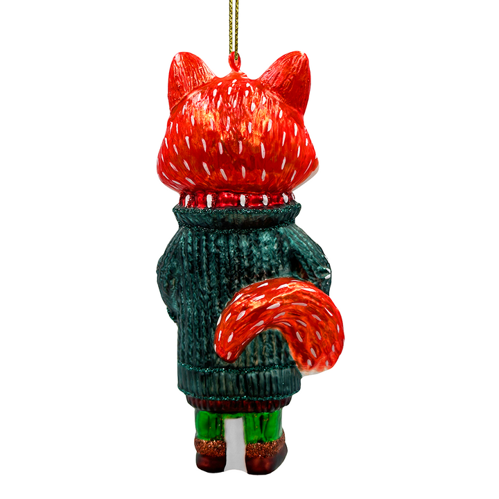 Red Nordic Fox in Sweater Glass Ornament, Scandinavian Christmas Tree Decor