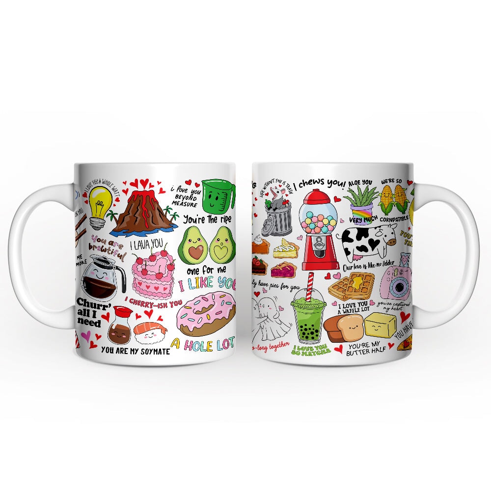 Hand Drawn Corny Love Puns Personalized Valentine Mug with Custom Name Personalized Ceramic Mug OrnamentallyYou 12oz Mug Non-Custom