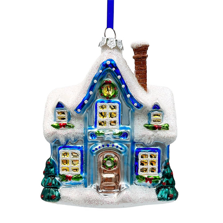 A Marvelous Blue Christmas Set of Four Glass Ornaments with Santa, Truck, Snow Cabin and Sleigh Ornament Bundle OrnamentallyYou