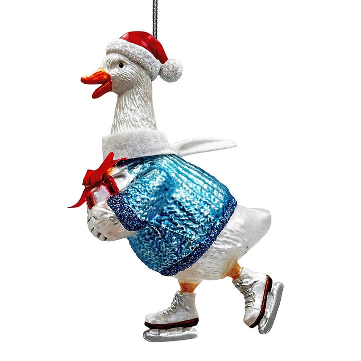 Playful Goose in Skates Glass Christmas Ornament, Whimsical Cute Duck Tree Decor Glass Ornament OrnamentallyYou