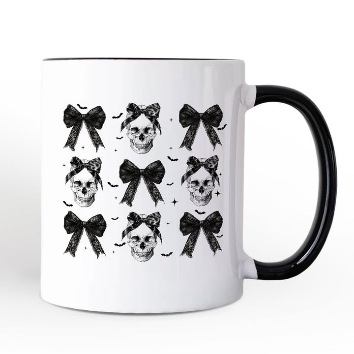 Coquette Skulls and Bows Personalized Mug, Gothic & Stylish Halloween Gift with Custom Name Personalized Ceramic Mug OrnamentallyYou White - Black Non-Custom