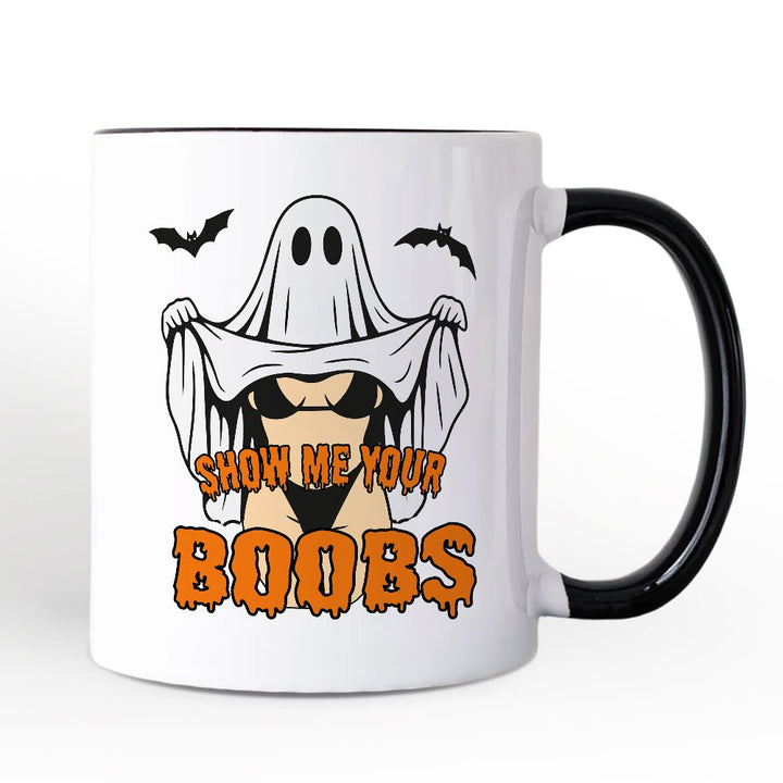 Show Me Your Boobs Halloween Personalized Mug, Funny Naughty Pun Ghost Gift with Custom Name Personalized Ceramic Mug OrnamentallyYou White - Black Non-Custom