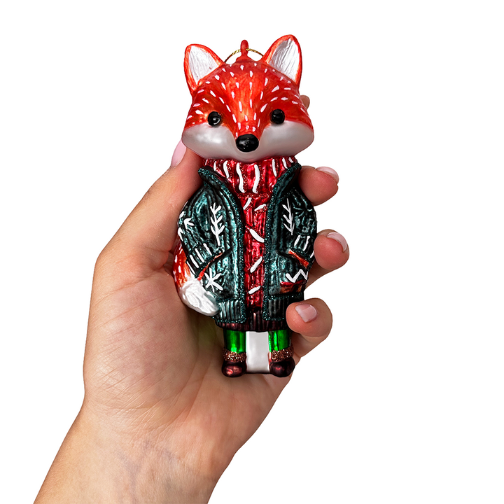 Red Nordic Fox in Sweater Glass Ornament, Scandinavian Christmas Tree Decor