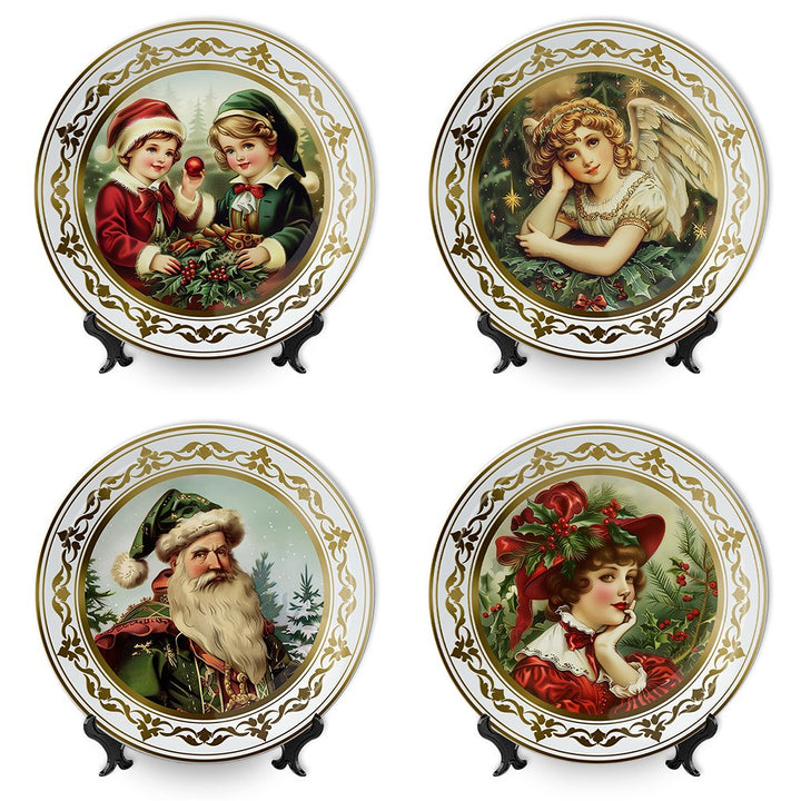 Victorian Elegance Set of 4 Plates with Real Gold Trim, Holiday Christmas Red and Green Tableware Collection Plate Sets OrnamentallyYou