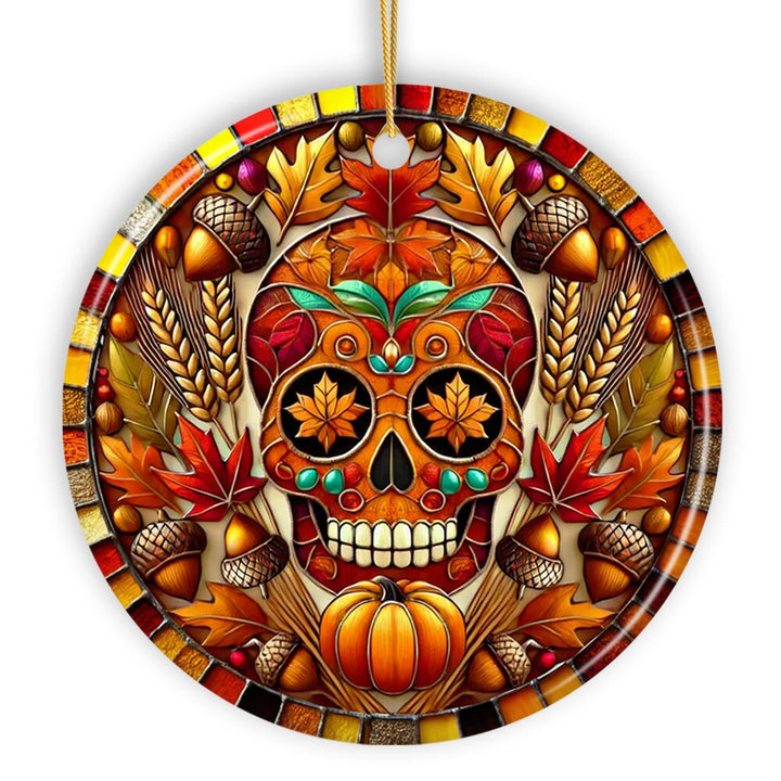 Autumn Harvest Sugar Skull Ornament, Vibrant Fall Foliage Christmas Gift and Decor Ceramic Ornament OrnamentallyYou