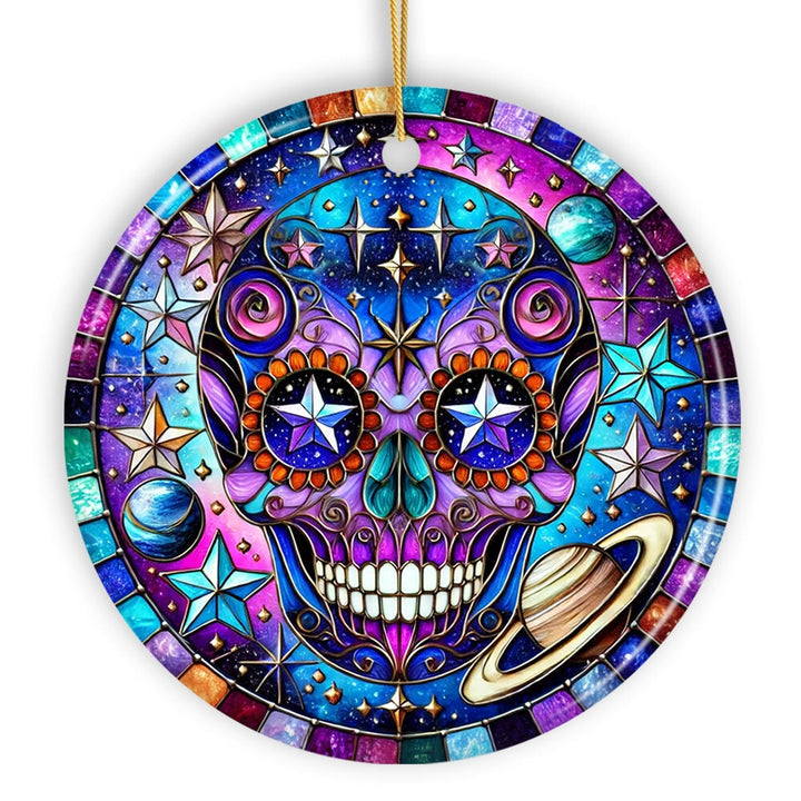 Cosmic Celestial Sugar Skull Ornament, Stellar Christmas Gift and Decor Ceramic Ornament OrnamentallyYou